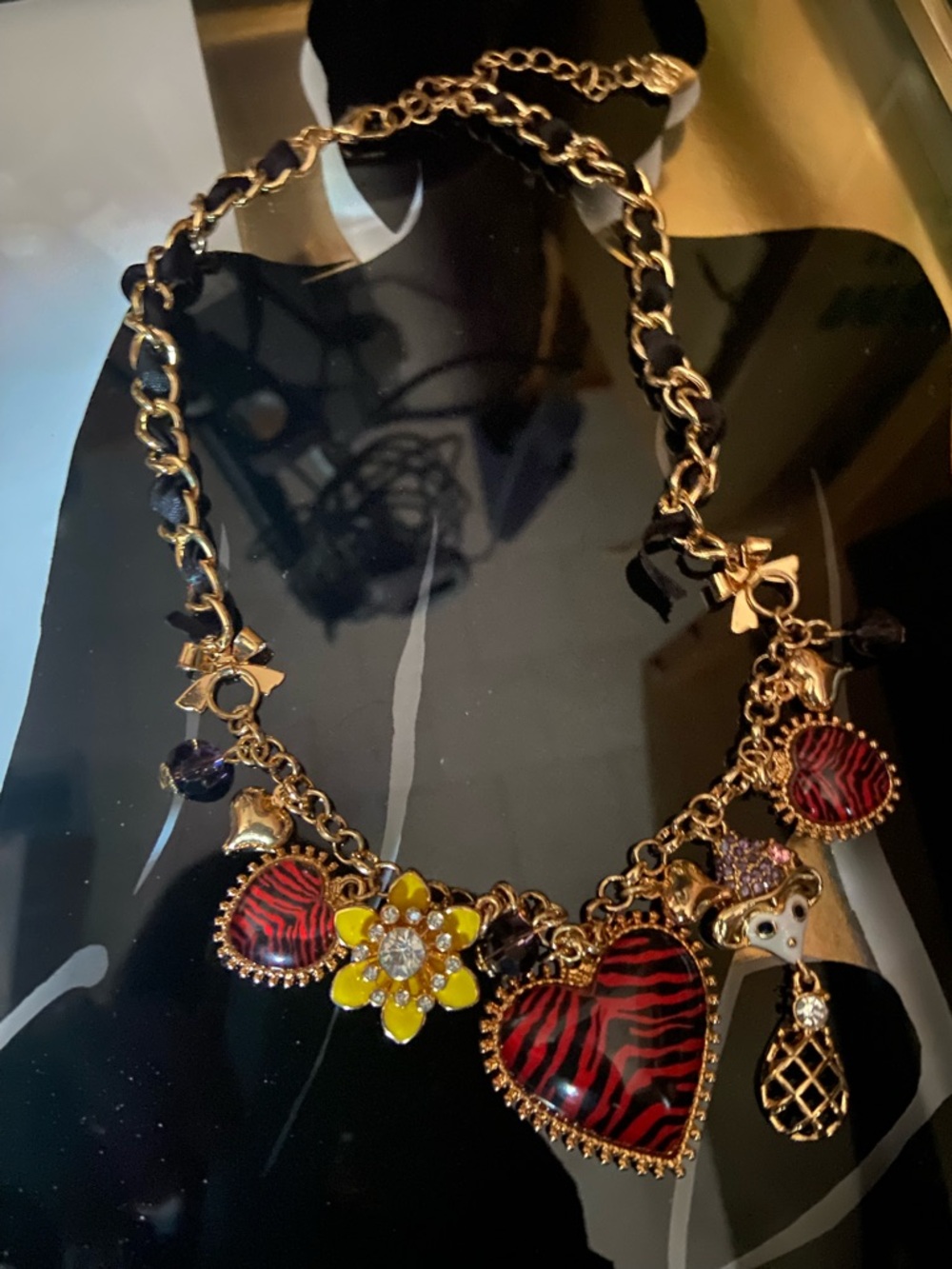 Betsey Johnson Gold-Tone Red Zebra Heart Charm Necklace w/ Yellow Flower Accent
